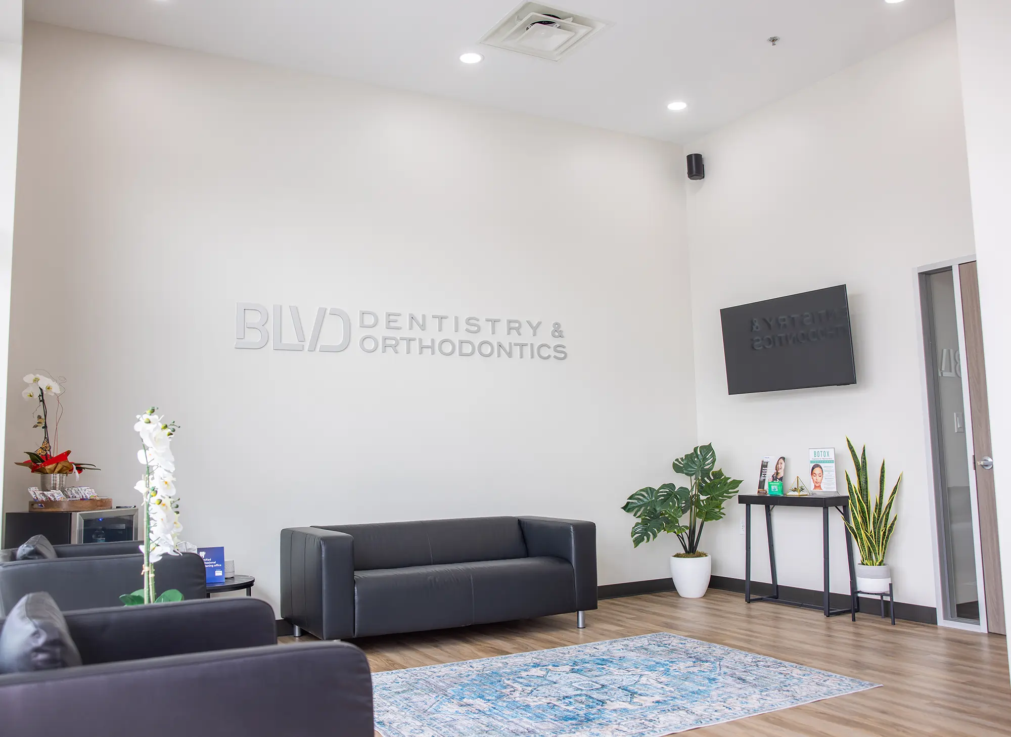 Modern dental office waiting room with black furniture, plants, and BLVD Dentistry & Orthodontics signage.